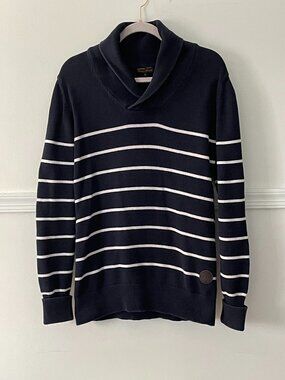 Barbour Navy Shawl Collared Blue & White Striped Sweater Size L
